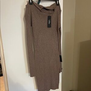 Lulu's Taupe Long Sleeve Ribbed Dress